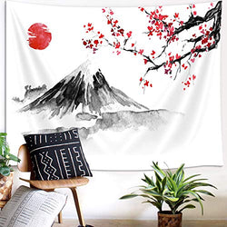 Japanese Decor Tapestry, Asian Anime Mount Fuji Red Sun Tapestry Wall Hanging for Bedroom, Japanese Art Cherry Blossom Decorations Tapestry Beach Blanket College Dorm (71"W X 60"H)