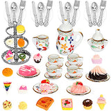 52 Pieces Miniature Dollhouse Kitchen Accessories Include Miniature Porcelain Tea Cup Set Mini Doll Plates Knife Fork Spoon Miniature Food 3-Tier Silver Cupcake Stand for Party Favors (Cute Style)