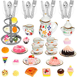 52 Pieces Miniature Dollhouse Kitchen Accessories Include Miniature Porcelain Tea Cup Set Mini Doll Plates Knife Fork Spoon Miniature Food 3-Tier Silver Cupcake Stand for Party Favors (Cute Style)