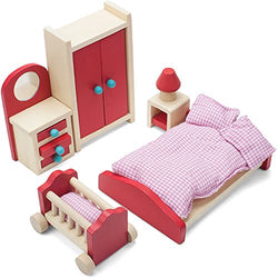 Cozy Family Master Bedroom Accessories Children's Playset | Wooden Wonders Premium, Colorful Dollhouse Furniture for 4-inch Toy Dolls | Includes Dresser with Mirror, Wardrobe, Nightstand, and Lamp