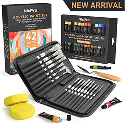 Nicpro Acrylic Paint Set of 24 Rich Pigment Colors (12ml) Art Supplies Kit with 16 Paint Brushes,Paint Knife & Art Sponge for Kid & Adult Painting Canvas, Hobby Crafts