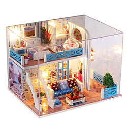 Binory 3D Wooden DIY Miniature Blue Coast Duplex Apartment with Furniture LED House,Hand-Assembled Villa Model Creative Gifts,DIY Miniature Dollhouse Kit,Creative
