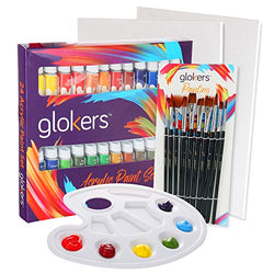 glokers Premium Acrylic Paint Set 24 Acrylic Paint Color Tubes, 10 Professional Paintbrushes, 2 Pcs Canvas Panel, Plastic Palette for Beginners, Adults, Students Or Professionals