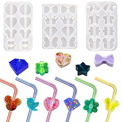 3 Pieces Straw Topper Resin Molds, Silicone Straw Topper Attachment Mold Epoxy Resin Casting Mold with Bow, Crown, Diamond, Flower, Geometry, Animal Shape for Straws DIY Craft Making