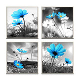 HLJ ART Modern Salon Theme Black and White Peacock Blue Vase Flower Abstract Painting Still Life Canvas Wall Art for Home Decor 12x12inches 4pcs/Set (Outer Frames, 12x12inchx4pcs)