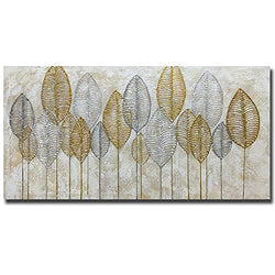 NC Paviliart, Canvas Wall Art, Golden and Silver Leaves, 24x 48 inch,100 hand painted Oil painting, Art Decoration, Ready to hang in living room