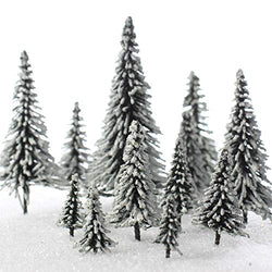 Set of 15 Miniature Flocked & Frosted Winter Snow Model Pine Trees in Assorted Sizes for Christmas Train Displays, Dioramas, Fairy Gardens, Village Displays and Holiday Dollhouses