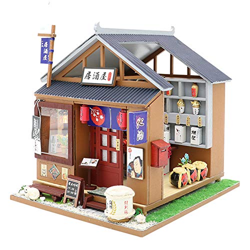 Dollhouse Miniature with Furniture, DIY Wooden Doll House Kit Japanese-Style Plus Dust Cover and LED, 1:24 Scale Creative Room Idea Best Gift for Children Friend Lover (Izakaya)