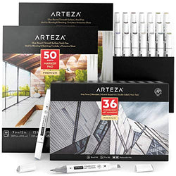 Arteza EverBlend Alcohol Markers Set of 36 with 9x12 Inches Marker Paper Pad 2-Pack, Drawing Art Supplies for Artist, Hobby Painters & Beginners