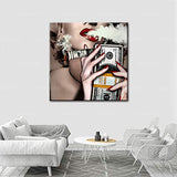 RINWUNS Wall Art Burned Money Sexy Poster Monroe Red Lip with Cigar Canvas Print Idea Creative Wall Painting Artwork Picture Modern Home Decor for Living Room Unframed 1 PC 16x16inch (Only Canvas)