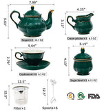 22-Piece Porcelain Ceramic Coffee Tea Gift Sets, Cups& Saucer Service for 6, Teapot, Sugar Bowl, Creamer Pitcher and Teaspoons.