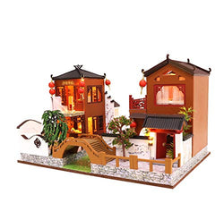 Cool Beans Boutique Miniature DIY Dollhouse Kit Wooden Chinese Villa River Walk with Dust Cover - Architecture Model kit (English Manual) (Chinese Villa)