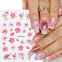 Flower 3D Nail Art Stickers Decals Golden Geometric Lines Surround Nail Decals Pink Cherry Blossom Peach Design Self-Adhesive Nail Sticker Spring Summer Nail Stickers for Nail Art Nail Accessories