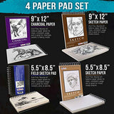 U.S. Art Supply Set of 4 Different Stylesof Sketching and Drawing Paper Pads (242 Sheets Total) - 2 Each 5.5" x 8.5" and 9" x 12" Premium Spiral Bound Sketch, Draw, Charcoal Pencil, Mixed Media Pads