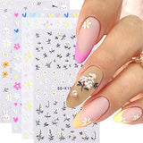 5D Embossed Flowers Nail Stickers, Spring Summer Daisy Heart Nail Decals, Nail Art Accessories French Tips Acrylic Nail Designs Self Adhesive Rabbits Nail Supplies for Women Girls 4 Sheets