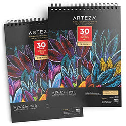 ARTEZA 9X12” Black Sketch Pad, Pack of 2, 60 Sheets (90lb/150gsm), 30 Sheets Each, Spiral-Bound,