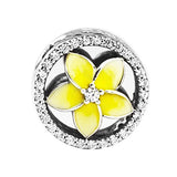 CKK DIY Flower Beads Fits Pandora Bracelets Charm 925 Sterling Silver Pale Yellow Enamel Plumeria