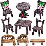 9 Pieces Miniature Table and Chairs Set Fairy Garden Furniture Ornaments Mini Decorative Resin Floral Table Chair Micro Landscape Decoration for Landscape Garden Decoration Accessories Supplies