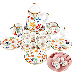 15 Pieces Miniature Porcelain Tea Cup Set Kitchen Miniature Porcelain Set Mini Flower Pattern Teapot Cup Plates Set Dollhouse Kitchen Accessories Set (Bright Floral Style)