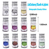 CARAFAST Holographic Chunky Resin Glitter, Set of 12 Colors, Sequined Fairy Eyes Glitter Filler Craft with 10 PCS Stir Spoons, Cosmetic Nail Glitter, Glitter for Resin Arts Crafts
