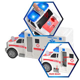 JOYIN 4 Pack Friction Powered City Hero Play Set Including Fire Engine Truck, Ambulance, Police Car and Helicopter Emergency Vehicles with Light and Sound