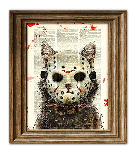 Cat Killer Blood-Splattered Slasher of Camp Kitty Lake Cat In Hockey Mask Illustration Dictionary Page Book Art Print