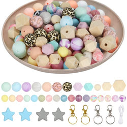 Silicone Beads for Keychain Making kit, 20mm/19mm/15mm/14mm Round Hexagon Patterned Large Rubber Beads Wooden Beads for DIY Necklace Bracelet Jewelry Crafts
