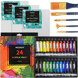 MEEDEN 32-Piece Acrylic Painting Set - 24PCS Premium Acrylic Paint Set, 5PCS Painting Brushes and 3PCS 5 x 7 inches Canvases, Perfect Gifts for Beginners, Students and Kids