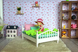 1:12 scale doll bed, dollhouse bedroom furnishing. White bed green mattress pillows blanket