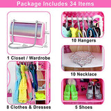 ZITA ELEMENT Doll Closet Wardrobe for 11.5 Inch Girl Doll Clothes and Accessories Storage - Lot 34 Items Including Handbag Style Closet, Dresses, Swimsuits, Shoes, Hangers and Necklaces