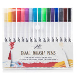 Art Pens - Watercolor Brush Markers 16 Colors for Lettering, Coloring, Bullet Journal, Calligraphy - Colored Pens Set w/Fine Point Dual Tip for Beginners, Adults & Kids. Includes 28-Page eBook