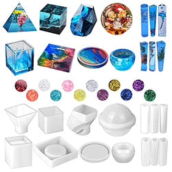 Silicone Resin Molds Kit 26PCS, Epoxy Resin Molds, Large Resin Casting Molds with 12 Glitter Sequins for UV Resin Casting, Including Sphere, Cube, Pyramid, Ashtray, Coaster, Stone & Pendants