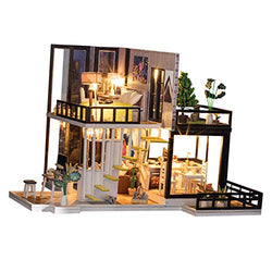 F Fityle 1/20 Wood LED Lights Dollhouse DIY Modern House Puzzles Furniture Kits Toys