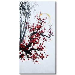Hand Painted Chinese Oil Painting Plum Blossom with Bamboo Wall Art Red Flower Canvas Artwork
