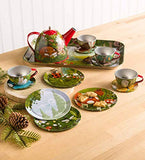 HearthSong 15-Piece Woodland-Themed Decorative Tin Tea Set with Carrying Case for Kids