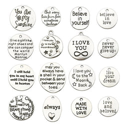 32 PCS Inspiration Word Charms Collection - Antique Silver Round Oval Letter Text I LOVE YOU