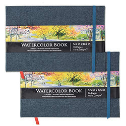 U.S. Art Supply 5.5" x 8.5" Watercolor Book, 2 Pack, 76 Sheets, 110 lb (230 GSM) - Linen-Bound Hardcover Artists Paper Pads - Acid-Free, Cold-Pressed, Brush Painting & Drawing Sketchbook Mixed Media