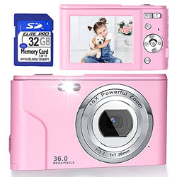 Digital Camera, FHD 1080P 36.0 MP Vlogging Camera Rechargeable Mini Camera Kids Camera Pocket Camera with 32GB SD Card 16X Digital Zoom, Compact Portable Camera for Kids Students Teenager-Pink