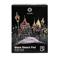 CONDA 9" x 12" Black Paper Sketchbook, 40 Sheets (90lb/150gsm), Double-Sided Spiral Sketch Pad, Durable Black Acid-Free Drawing Paper for Drawing Painting