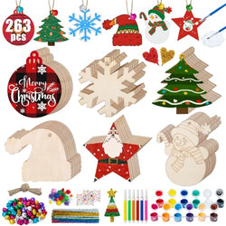 263Pcs Christmas Crafts for Kids Wooden Christmas Ornaments Unfinished Kits, 60Pcs Wood Slices Ornaments with 60 Bells 50 Pipe Cleaners 6 Pens 12 Color Paint, DIY Party Favors Hanging Decorations Gift