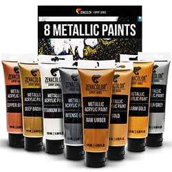 Zenacolor - Paint Kit Basics with 8 Metallic Acrylic Paints, 4 oz Tubes, 8 Vibrant Colors, Ready to Use Painting Supplies, Liquid Paint for Canvas, Posterboard, Wood, or Paper