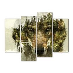 Wolf 4 Pieces Modern Canvas Painting Wall Art The Picture for Home Decoration Wolf Pine Trees Forest Water Wolf Animal Print On Canvas Giclee Artwork for Wall Decor