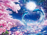 Moon Peach Blossom Dolphin Diamond Painting Kit - CooolPlus 5D Full Round Diamond Painting by Numbers for Adults Crystal Rhinestones Diamond Painting Set Wall Decor Art for Kids (40 x 30 cm)