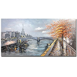 Yotree Oil Paintings ，24x48 Inch 3D Paintings on Canvas River Scenery in Autumn Abstract Wall Art City View Wood Inside Framed Hanging Wall Decoration Ready to Hang