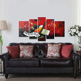 Wieco Art The Music Score 5 Piece 100% Hand Painted Abstract Oil Paintings Canvas Wall Art Home Decorations for Dining Room Bedroom Kitchen Modern Stretched and Framed Contemporary Grace Red Artwork