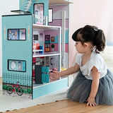 Olivia's Little World Teamson Kids - Dreamland Barcelona Wooden Pretend Play Doll House Dollhouse for 3.5" Doll with 10 Pieces of Furniture- Blue / White / Pink