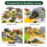 TEMI 348 PCS Dinosaur Race Track Toys Set w/ 6 Jurassic Dino Figures, 2 Electric Jeep Car, Educational Twisted Flexible Train Track Playset w/ Rockery Tree Arch Bridge for Kids, Boys & Girls Ages 3+