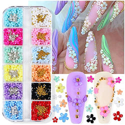 Dornail 12 Grids 3D Flower Nail Charms 12 Colors Acrylic Flowers Nail Rhinestones Mixed Cherry Blossom with Gold Silver Beads Nail Pearls Nail Art Accessories for DIY Nail Decorations
