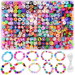 1000PCS Polymer Clay Beads Bracelet Making kit, 24 Style Cute Fun Beads Fruit Flower Smiley Animal Cake Butterfly Heart Beads Charms for Jewelry Necklace Earring Making DIY Accessories for Women Girls