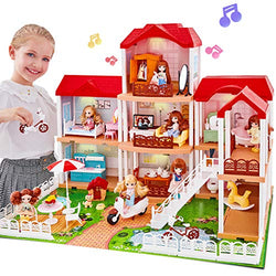 UNIH Doll House Dream House with 2 Dolls, Dollhouse Accessories and Furniture House Playset Gift for Toddler Girls Kids Age 3 4 5 Year Old